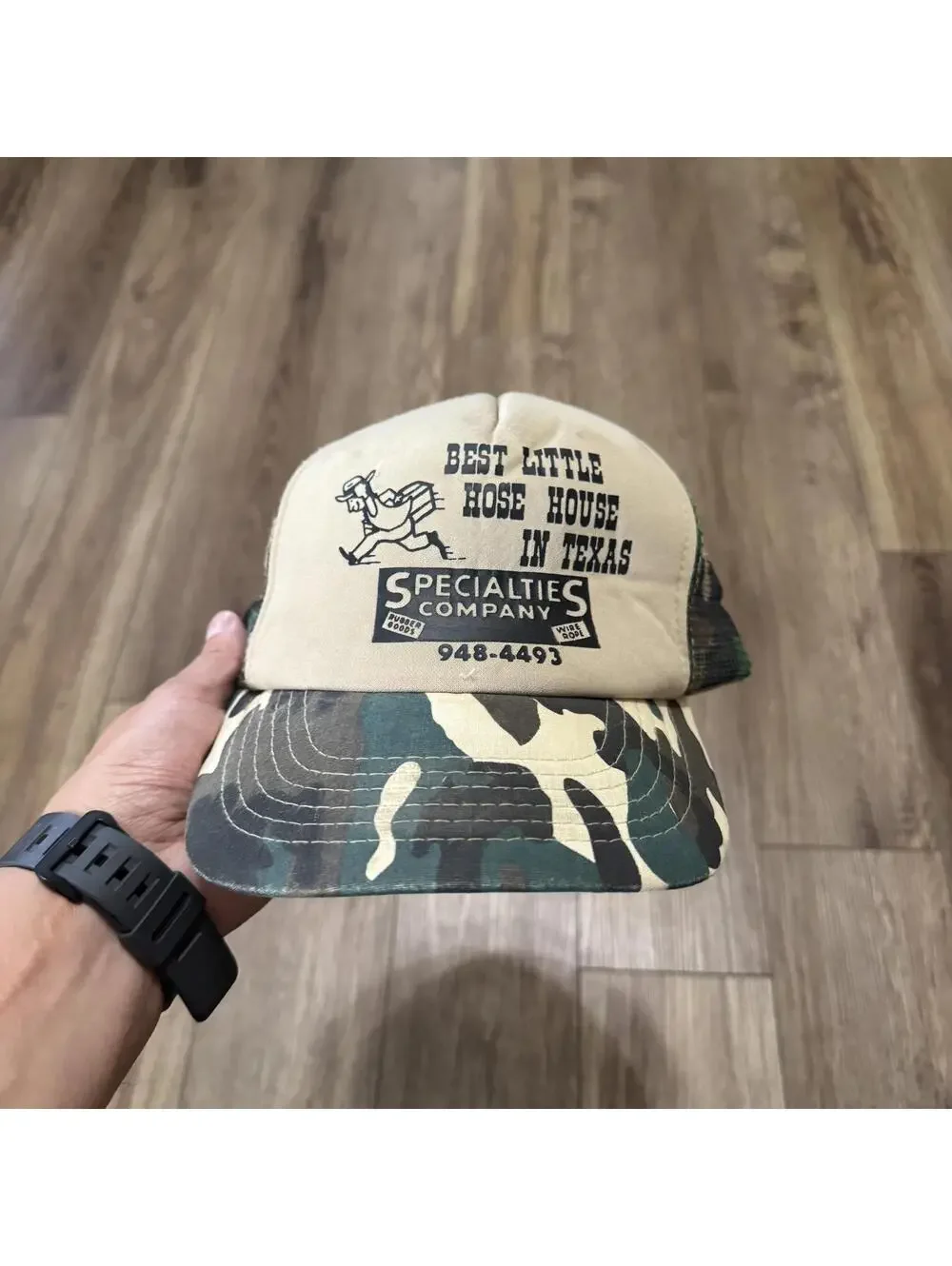 Vtg 90s Best Little Hose House Texas Specialties Company Funny Camo Snapback Hat